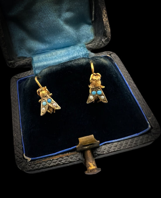 VICTORIAN TURQUOISE & PEARL MINI FLY EARRINGS