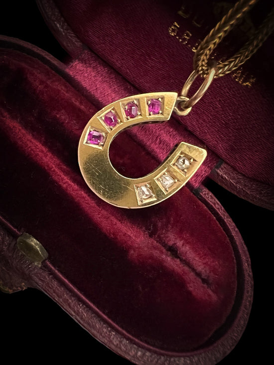 VICTORIAN RUBY & DIAMOND 15CT GOLD HORSESHOE PENDANT