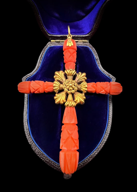 GEORGIAN CARVED CORAL & GOLD LARGE CROSS PENDANT