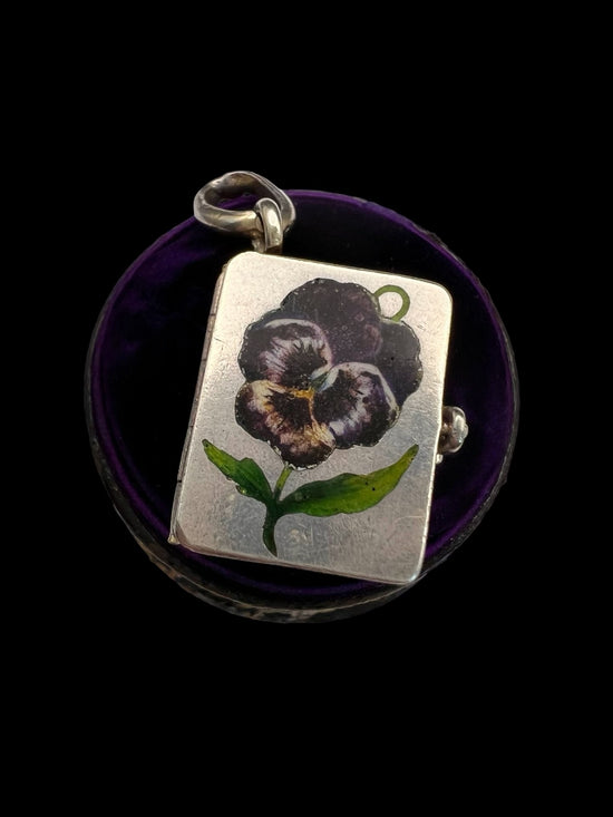 VICTORIAN ENAMEL PANSEY SILVER BOOK PENDANT