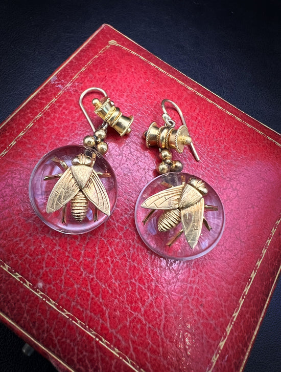 VICTORIAN GOLD FLY & ROCK CRYSTAL EARRINGS