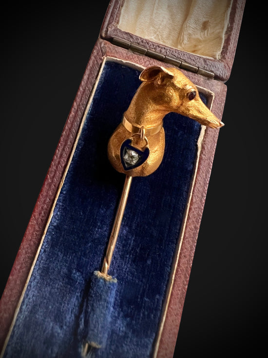 VICTORIAN WHIPPET STICKPIN WITH DIAMOND HEART COLLAR