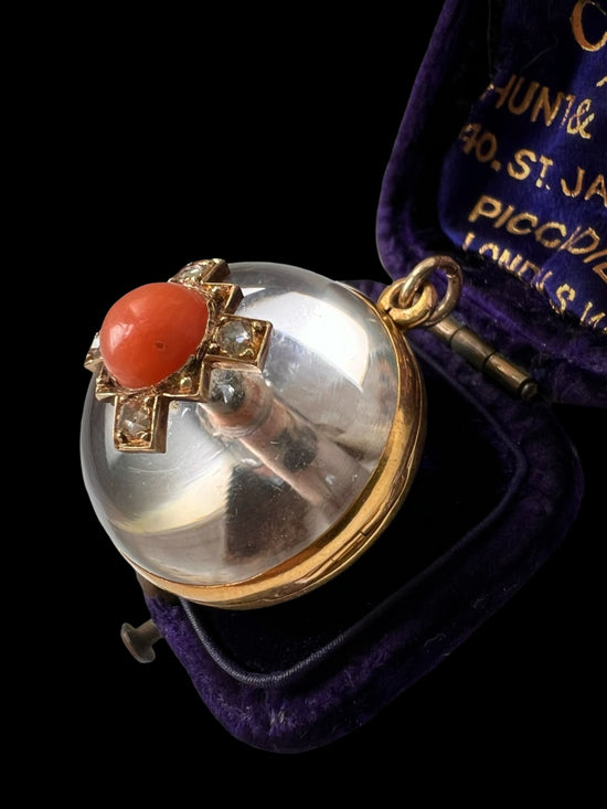 VICTORIAN ROCK CRYSTAL DOME LOCKET WITH DIAMOND & CORAL CENTRE