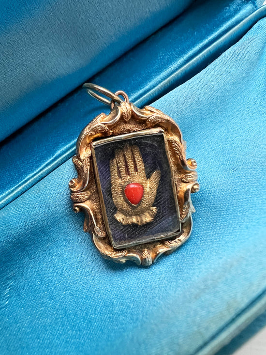 GEORGIAN GOLD & CORAL HAND & HEART PENDANT