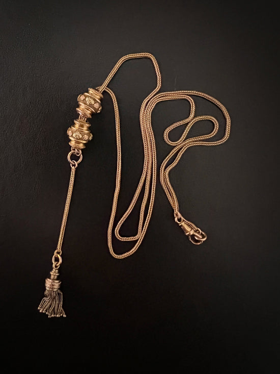 VICTORIAN TWO TONE GOLD SLIDER & TASSELS SNAKE LINK CHAIN