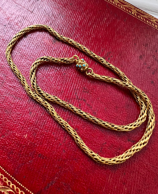 GEORGIAN 15CT GOLD WOVEN CHAIN WITH TURQUOISE CLASP