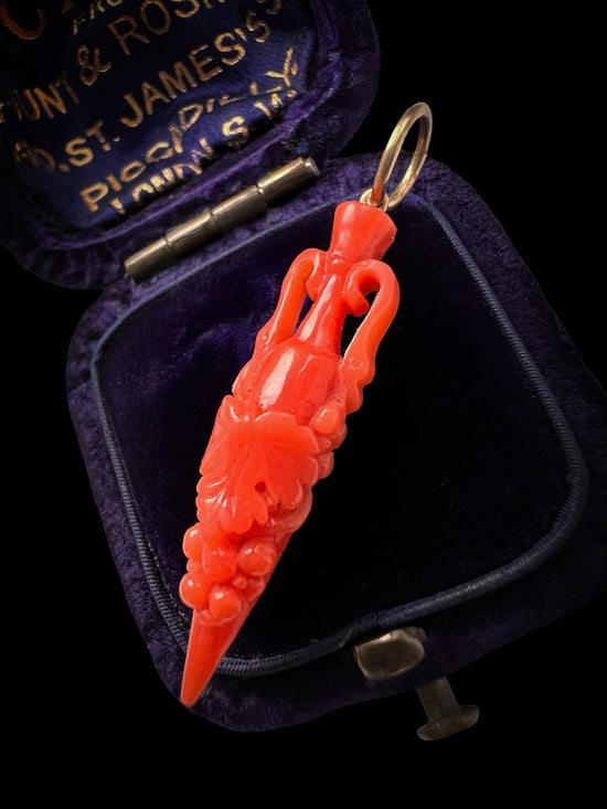 EARLY 19TH CENTURY CARVED CORAL AMPHORA URN PENDANT