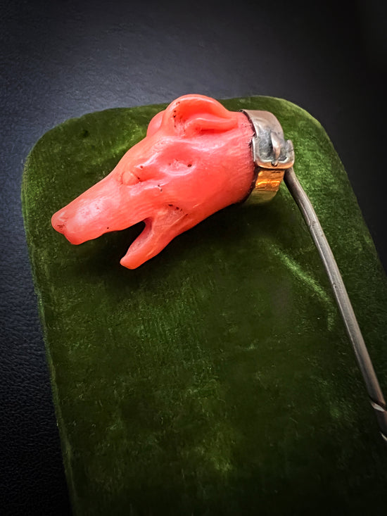 EARLY 19TH CENTURY CORAL GREYHOUND STICKPIN