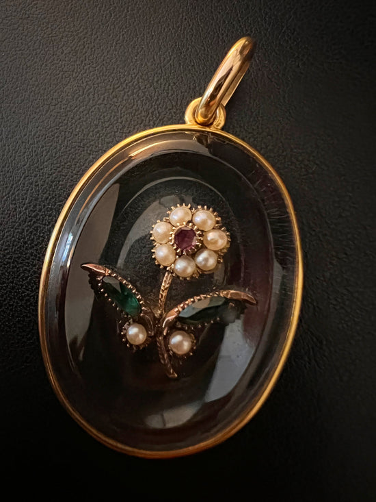 VICTORIAN ROCK CRYSTAL PENDANT WITH PEARL, EMERALD & RUBY DAISY FLOWER