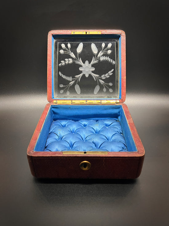 VICTORIAN GLASS, LEATHER & SILK BOX