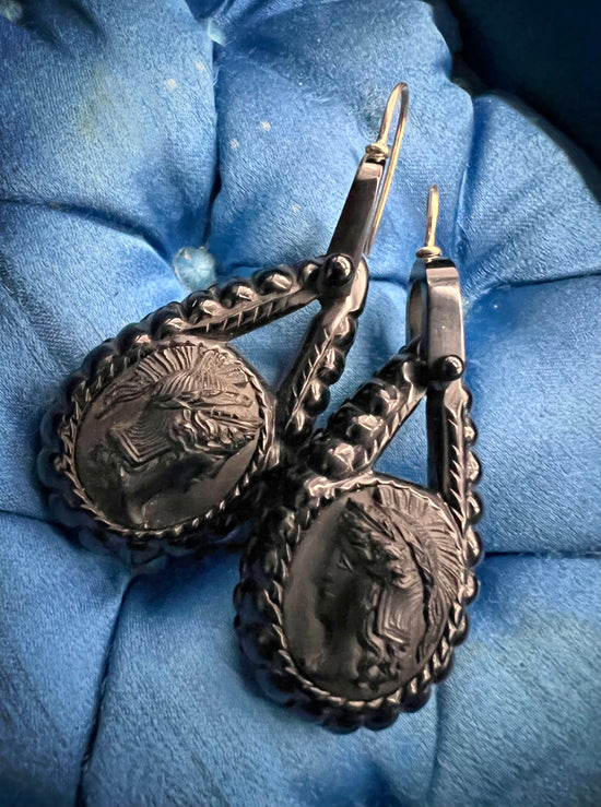 VICTORIAN WHITBY JET CAMEO EARRINGS